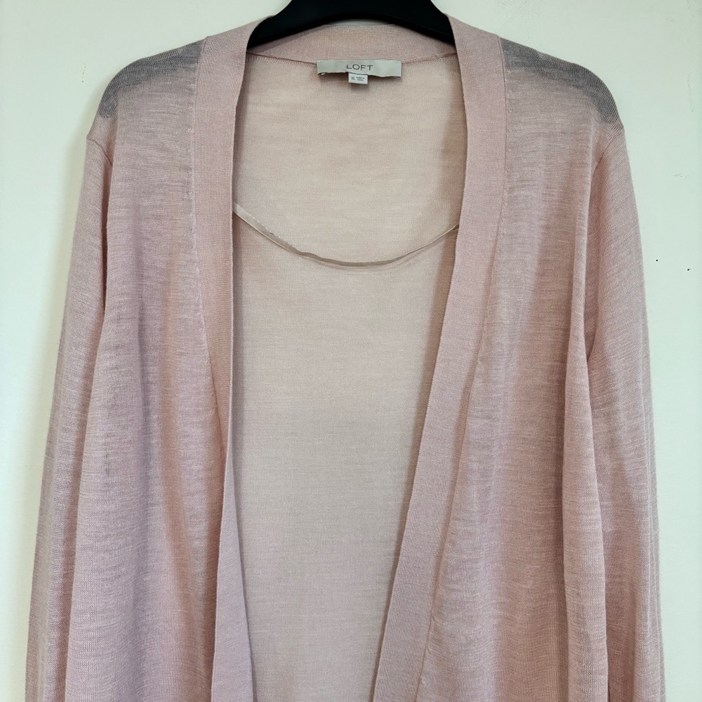 Loft pale pink linen rayon sheer open front long sleeve slouchy sweater cardigan - Picture 5 of 16